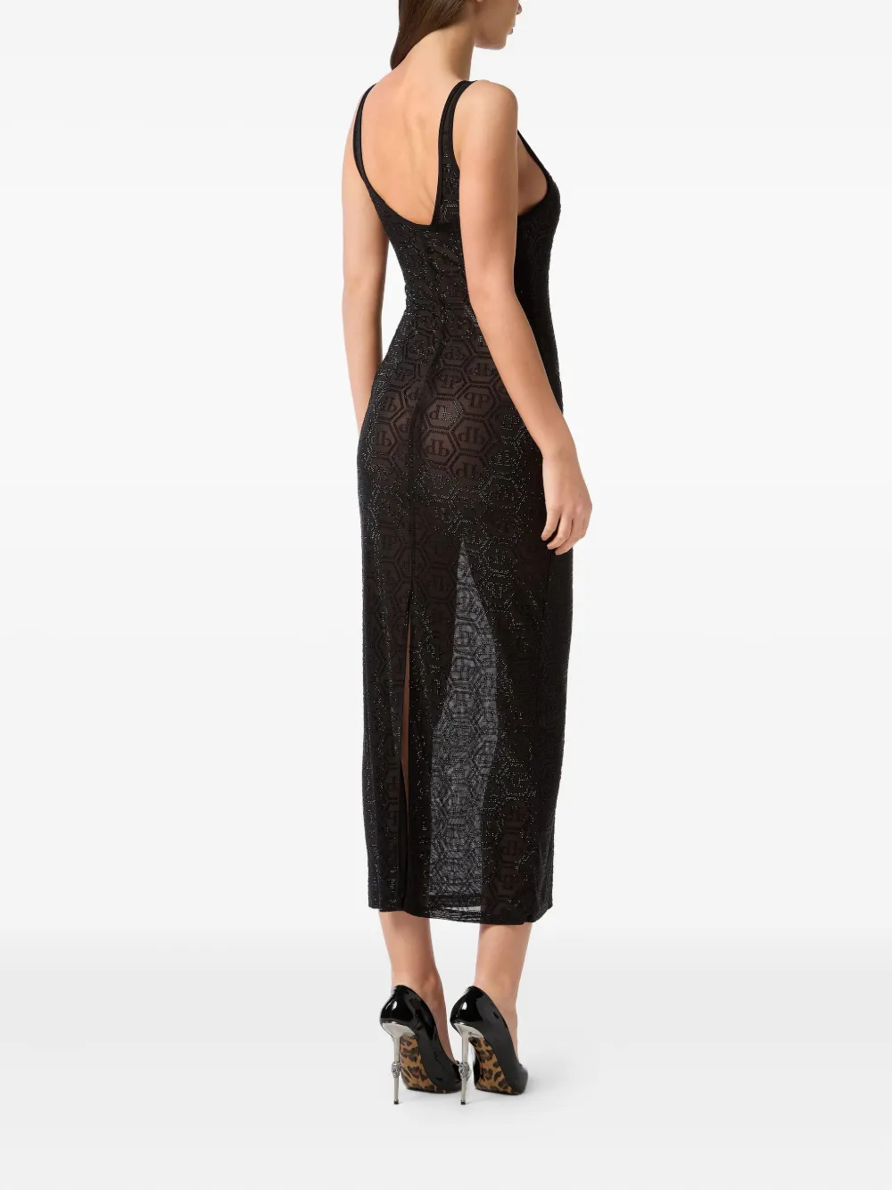Philipp Plein Tulle Monogram Strass Midi Dress In Black