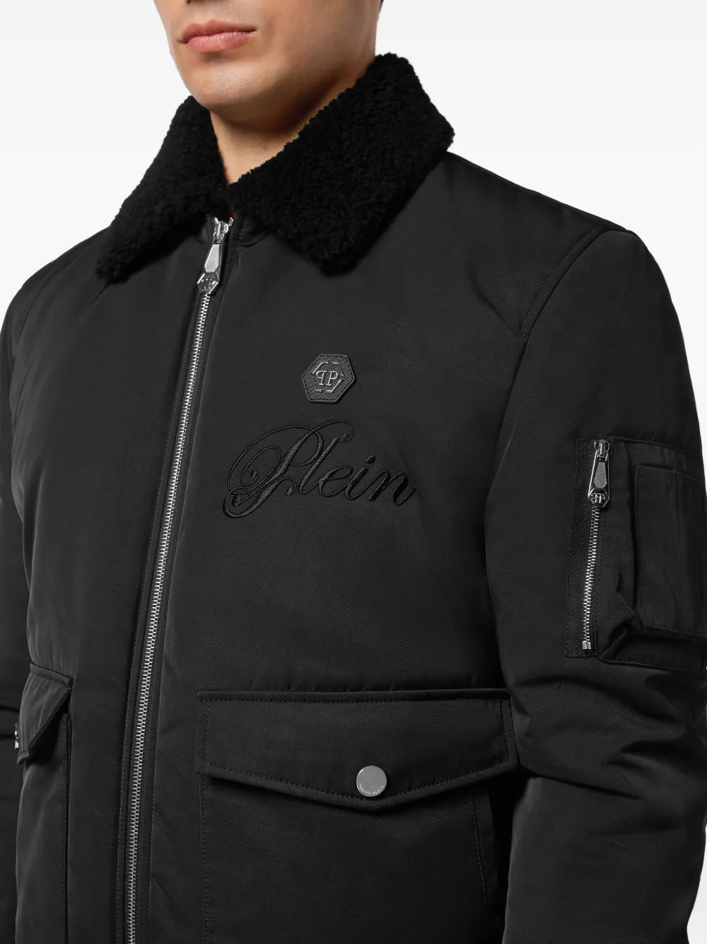 Philipp Plein Bomberjack met kraag van imitatielamswol Zwart