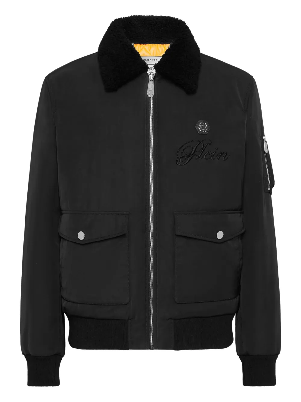 Philipp Plein Bomberjack met kraag van imitatielamswol Zwart