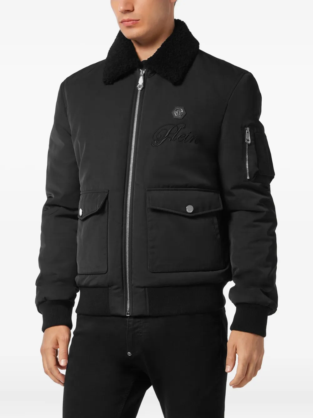 Philipp Plein Bomberjack met kraag van imitatielamswol Zwart