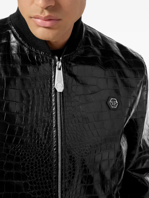 Philipp Plein Veste Bomber En Cuir à Effet Peau De Crocodile