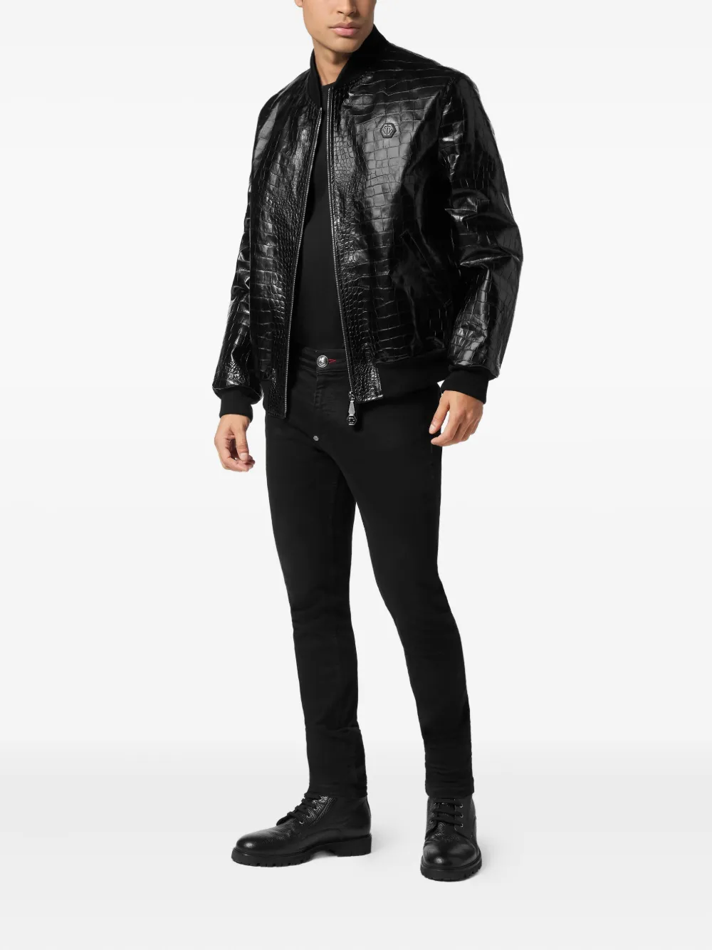 Philipp Plein Bomberjack met krokodillen-reliëf Zwart