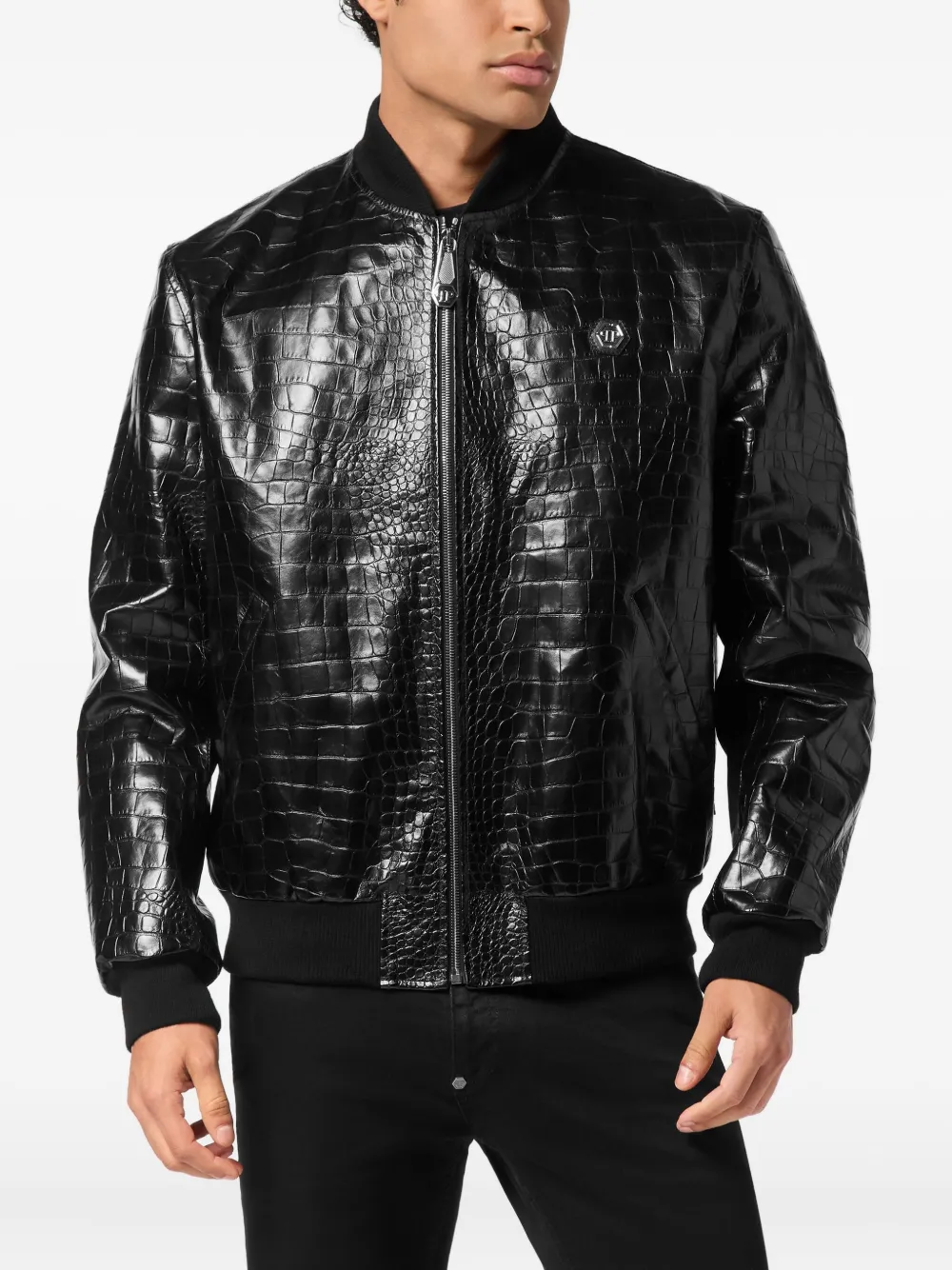 Philipp Plein Bomberjack met krokodillen-reliëf Zwart