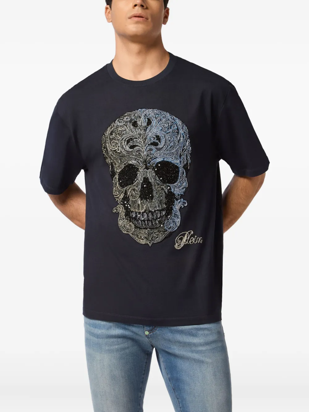 Philipp Plein T-shirt met geborduurde doodskop - Blauw