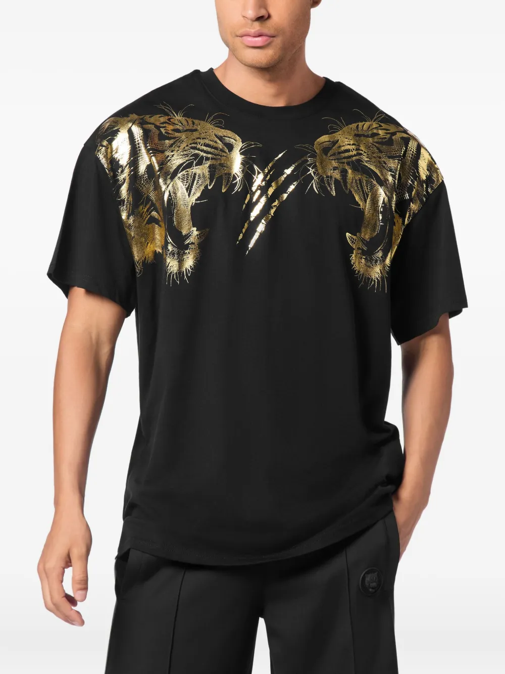 Plein Sport tiger-head gold-foil T-shirt - Zwart