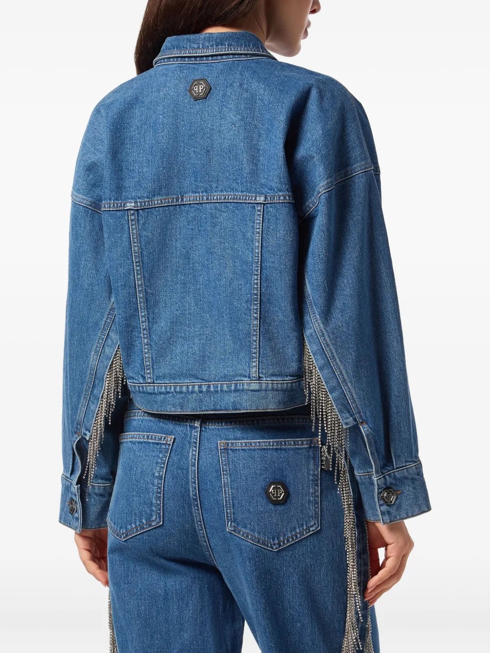 Philipp Plein Crystal Fringes Denim Jacket In Blue