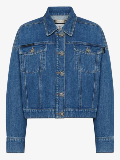 Philipp Plein denim cropped jacket crystal fringes