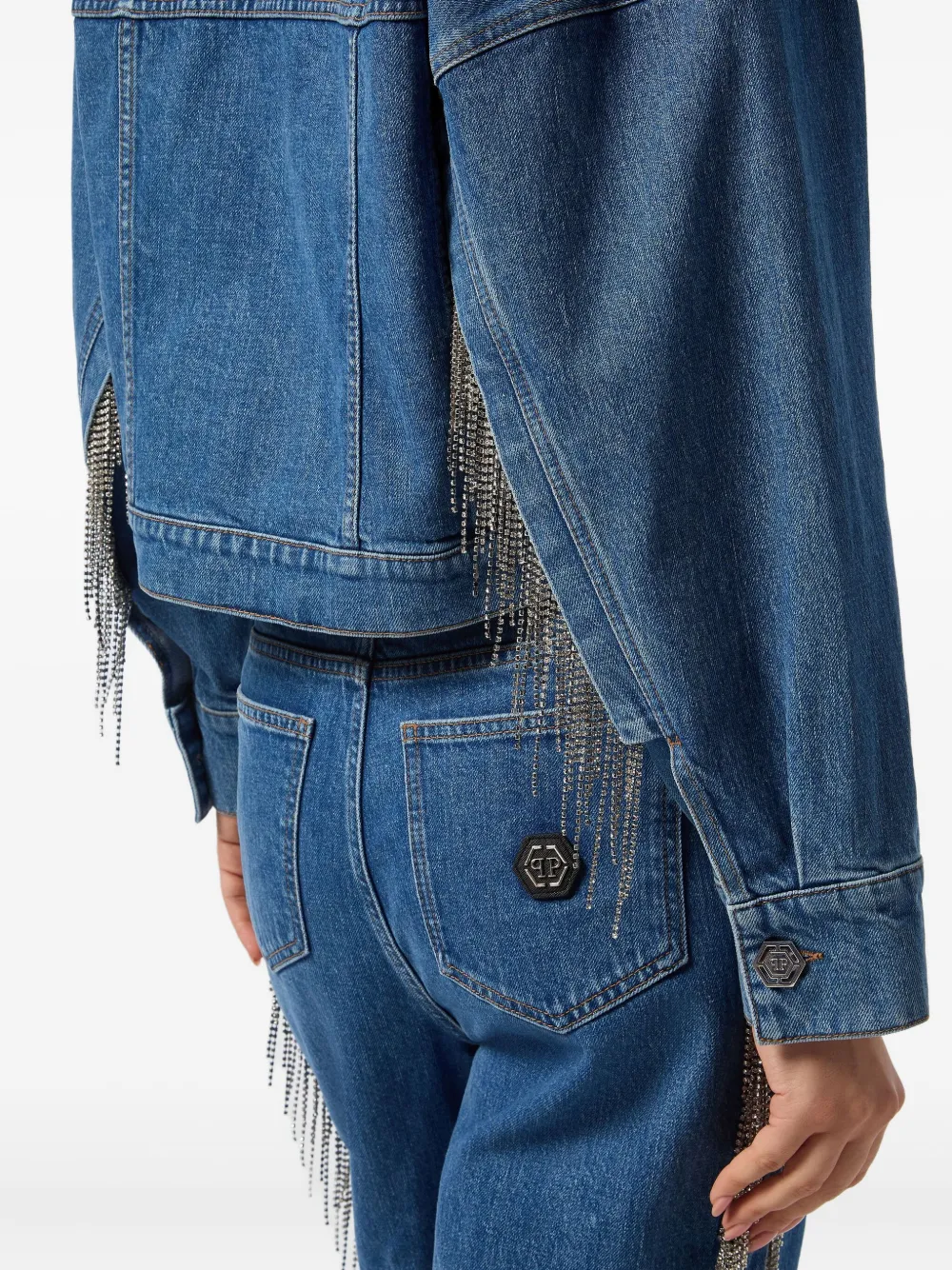 Philipp Plein Crystal Fringes Denim Jacket In Blue