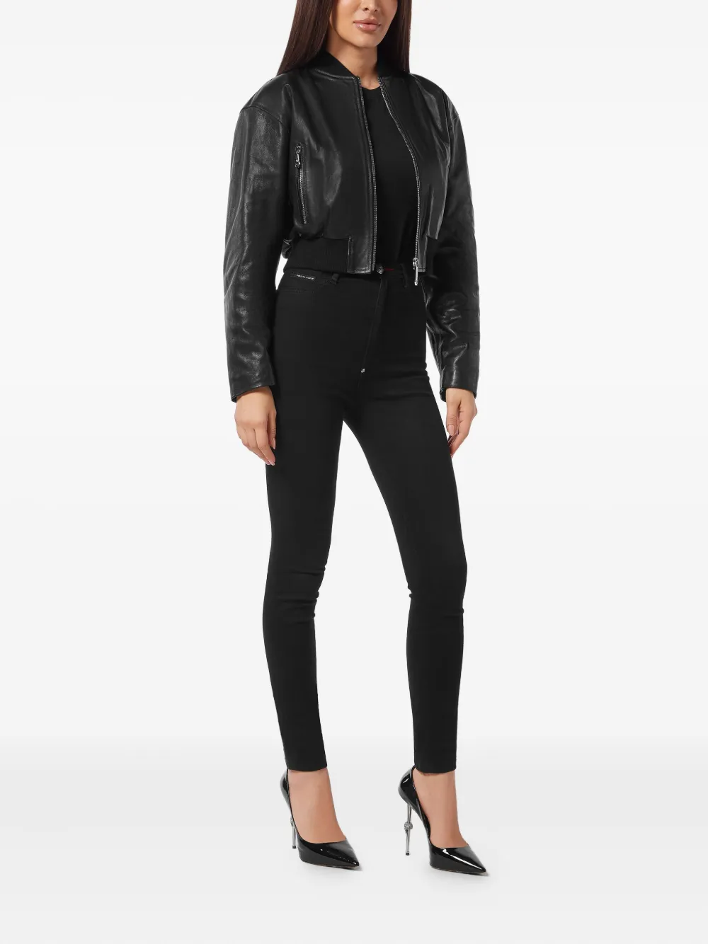Philipp Plein cropped leather bomber jacket | Varsity Jackets | Image 2
