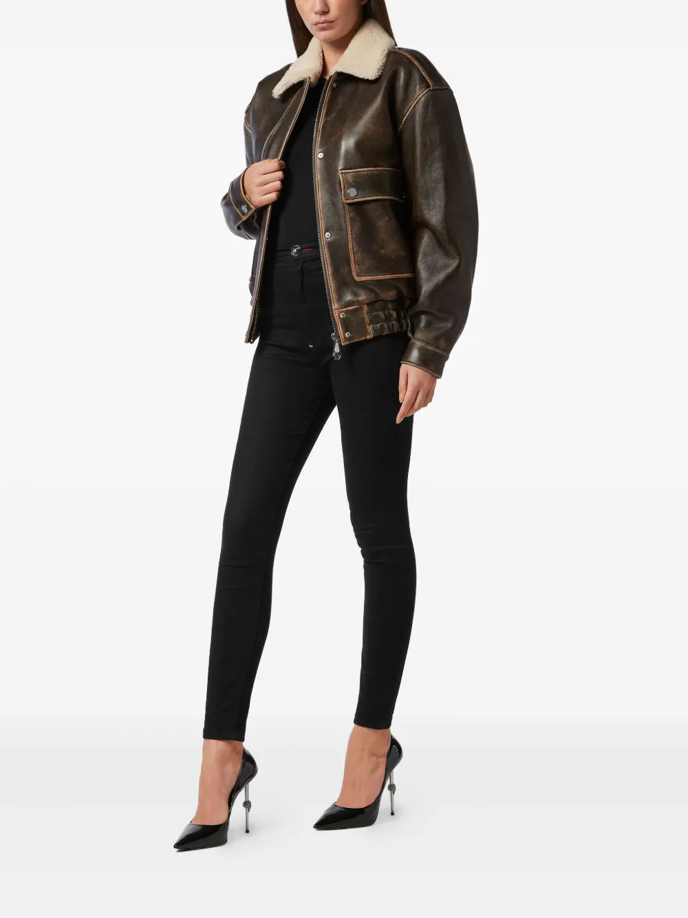 Philipp Plein Leren bomberjack Bruin