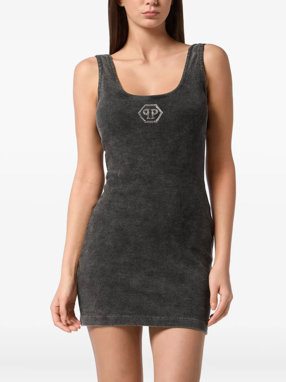 Philipp Plein Hexagon Ribbed-knit Tank Mini Dress In Gray