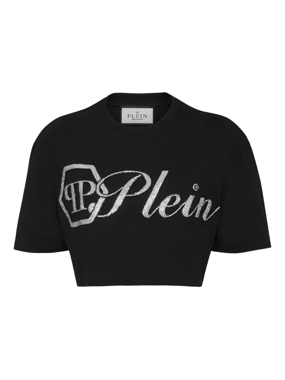 Philipp Plein Crystal Signature Cropped T-shirt In Black