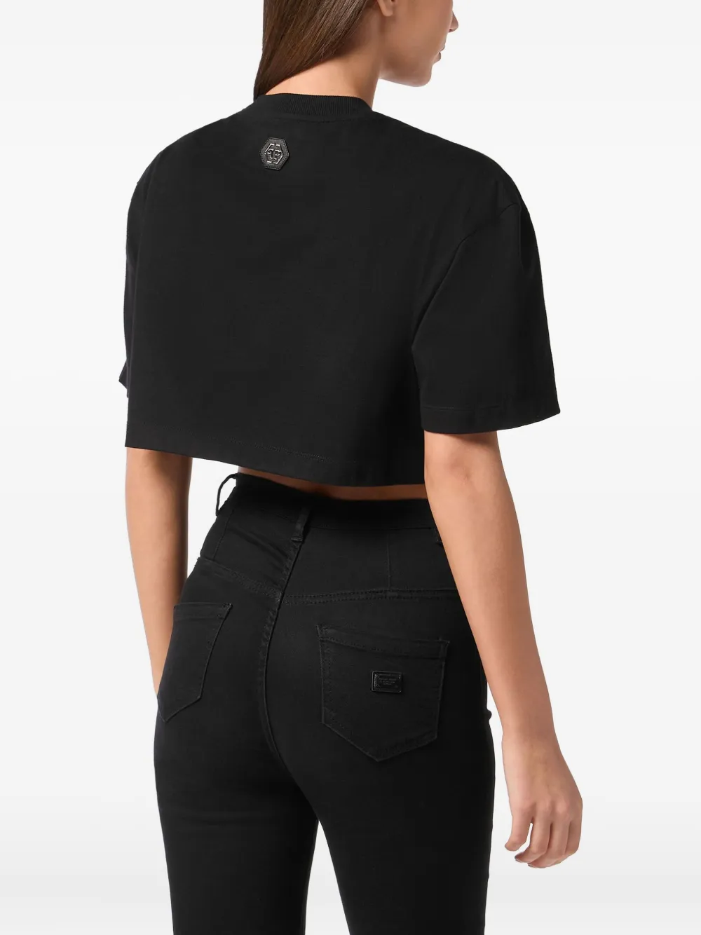 Philipp Plein Crystal Signature Cropped T-shirt In Black