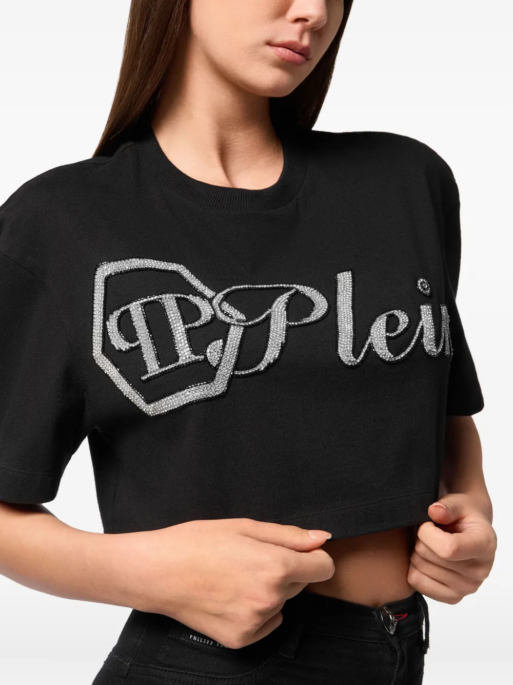 Philipp Plein Crystal Signature Cropped T-shirt In Black