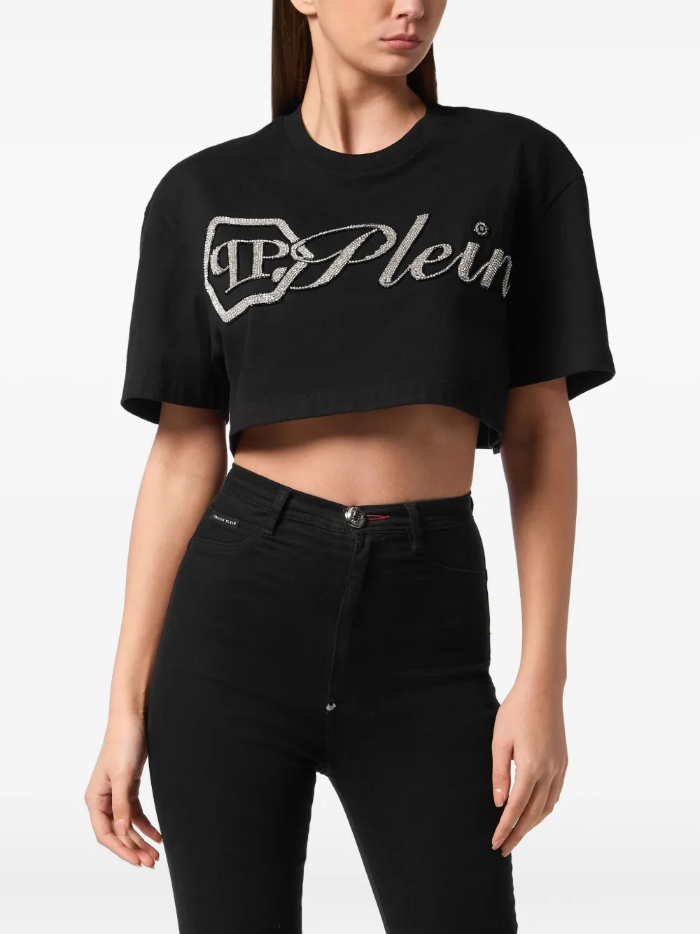 Philipp Plein Crystal Signature Cropped T-shirt In Black