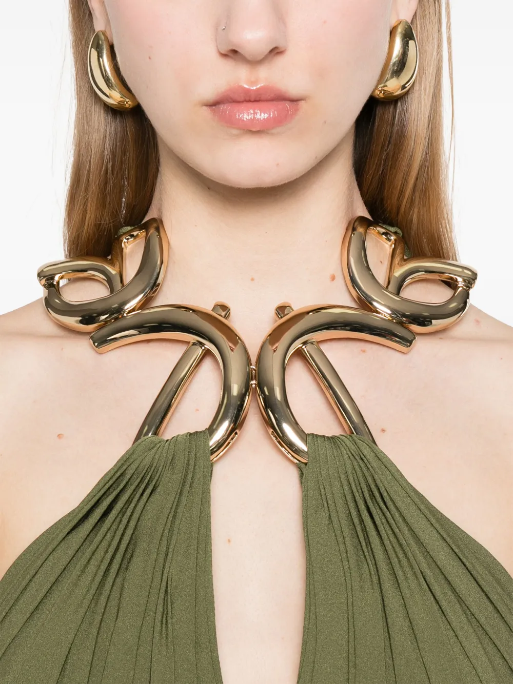 Elie Saab Zijden maxi-dress met metallic hals Groen