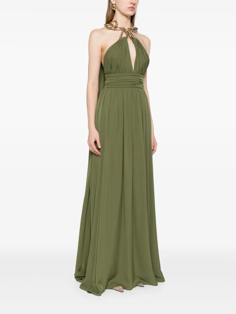 Elie Saab Zijden maxi-dress met metallic hals Groen