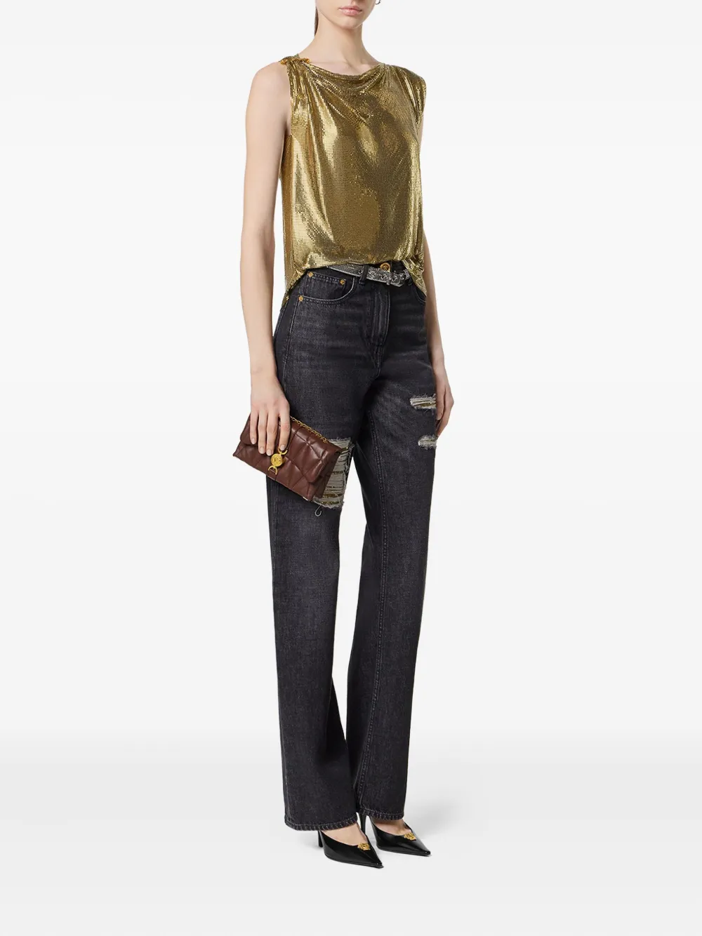 Versace Mesh top met veiligheidsspeld Goud