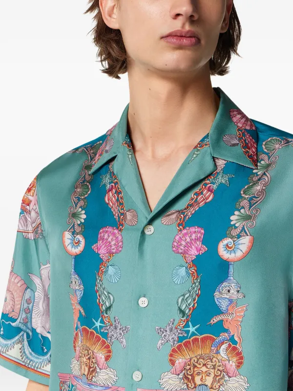 Tシャツ・カットソー VERSACE FW25 CORAL TEATER ML (1019438 1A145675W800) Coral Theatre Cotton Shirt Green,Blue | VERSACE US