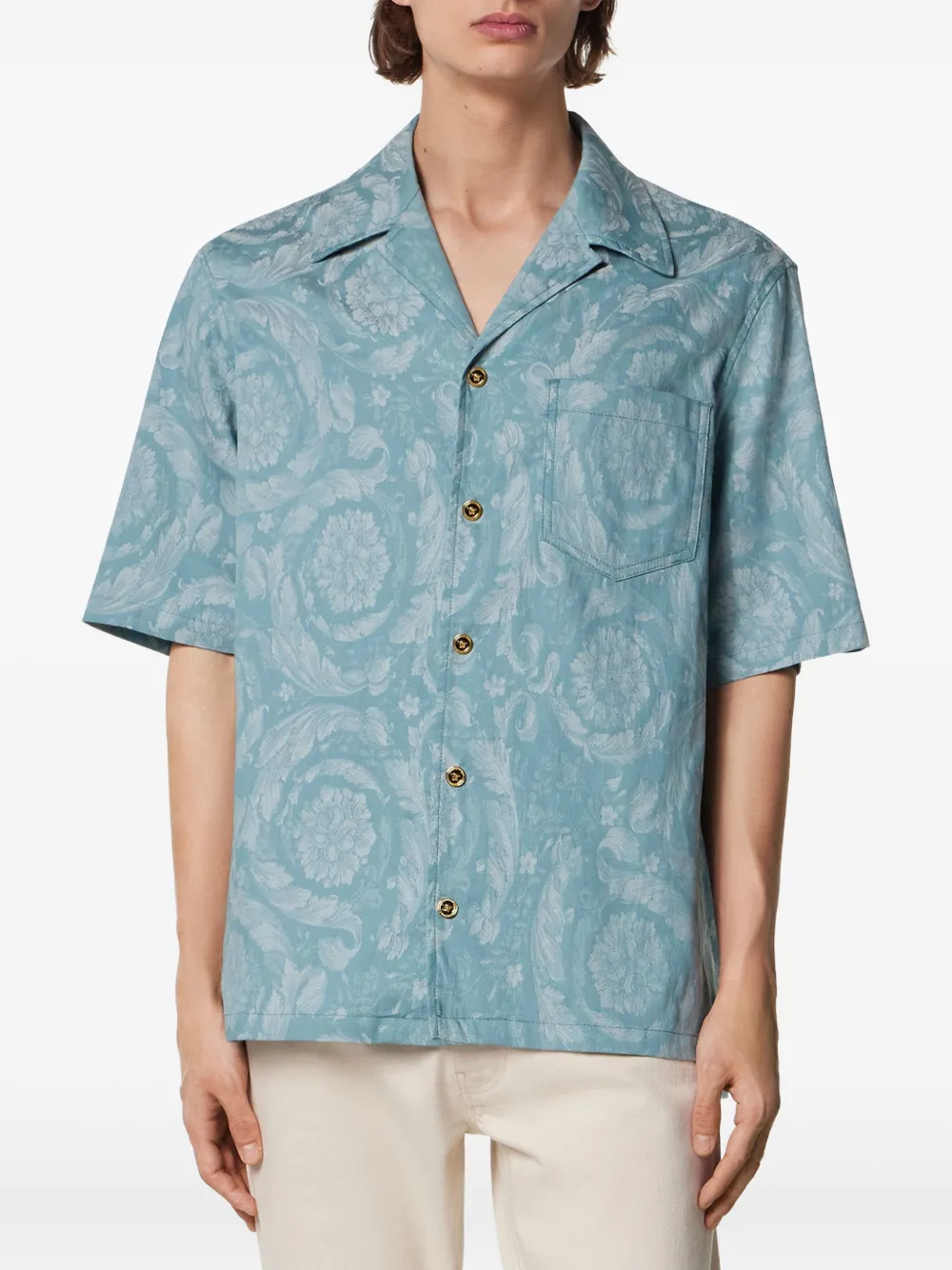 Versace Overhemd met barokprint en korte mouwen Blauw