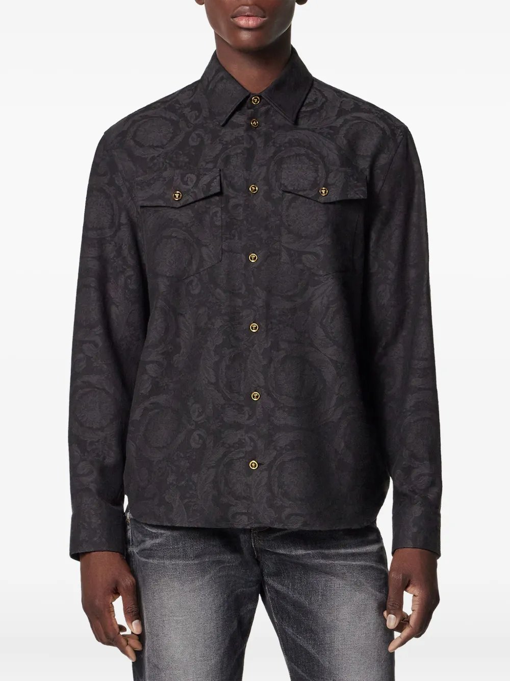 Versace Barocco chambray overhemd met jacquard Zwart