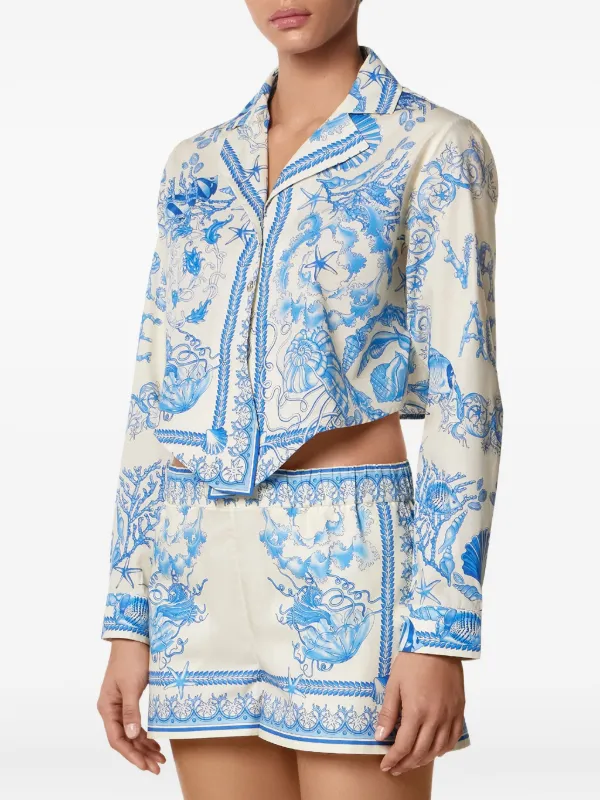 Versace Underwater Barocco Knotted Cropped Shirt | Blue