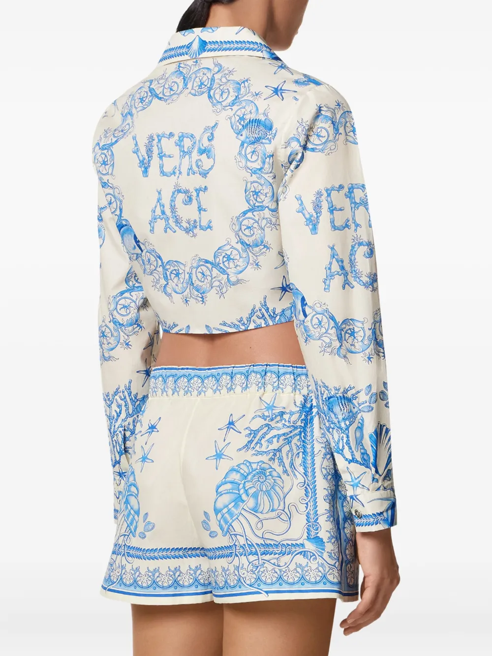 Versace Underwater Barocco cropped blouse met geknoopt detail Blauw