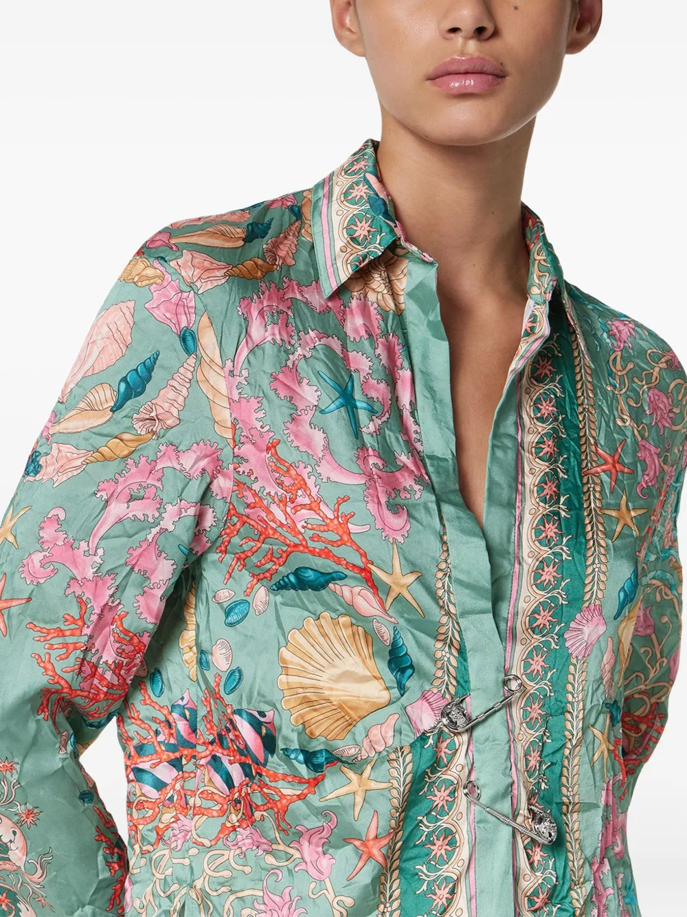 Versace Safety Pin Underwater Barocco gedrapeerde blouse Groen