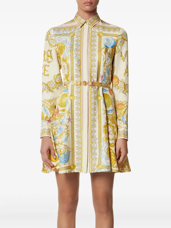 Versace Underwater Barocco Silk Midi Shirt Dress | Gold