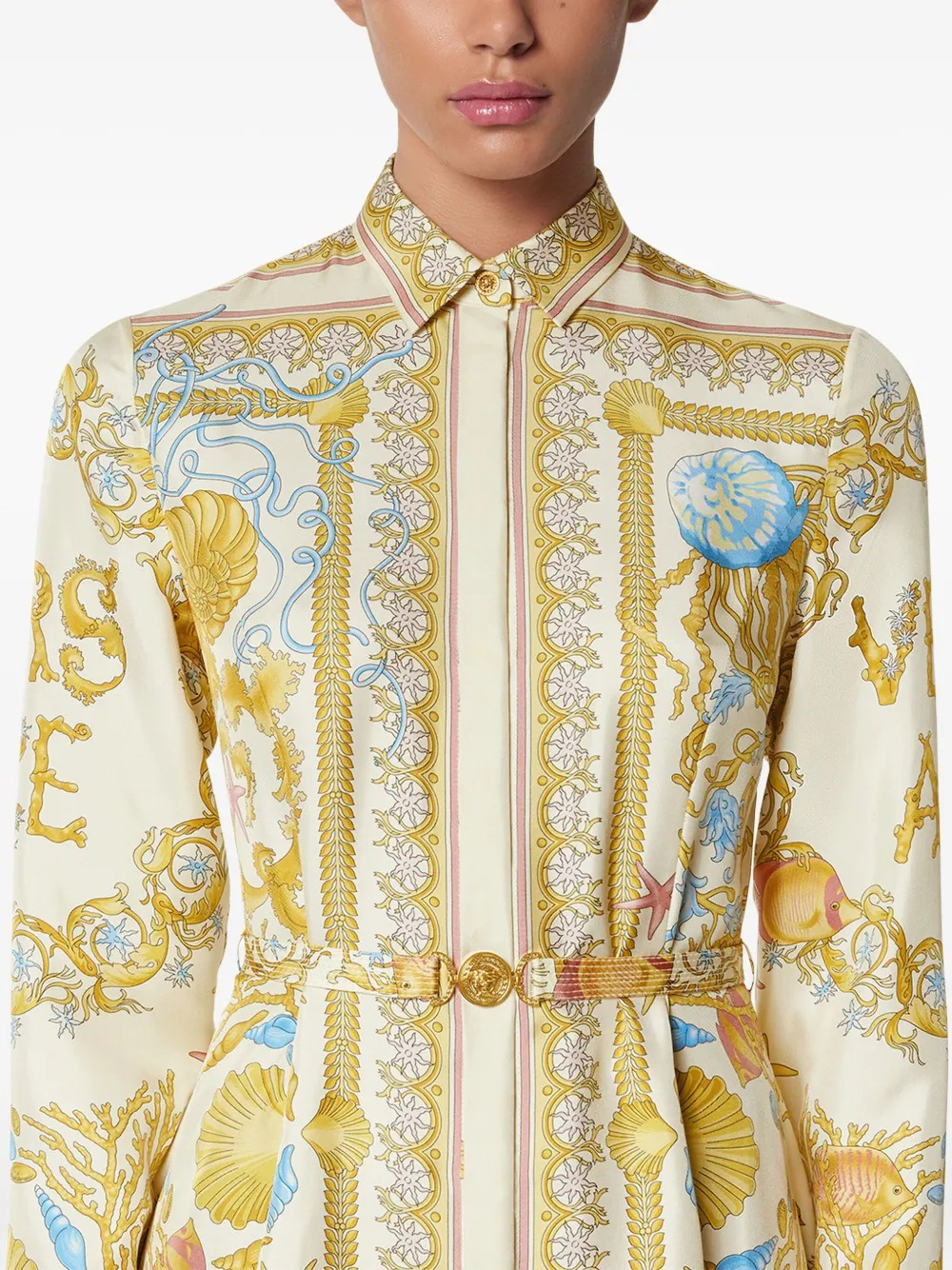 Versace Underwater Barocco zijden midi-blousejurk Goud
