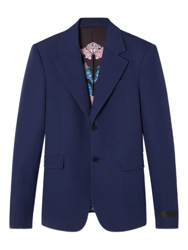【送料&関税込】Versace Blue Stretch Wool Blazer Wool Single-Breasted Blazer Blue | VERSACE US