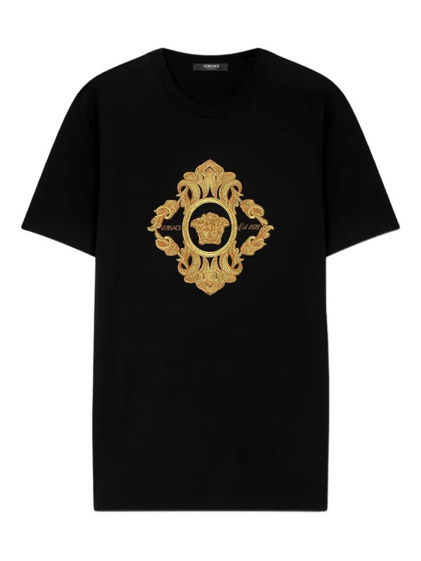 VERSACE メデューサ金刺繍　Tシャツ Versace Architectural Baroque-embroidered T-shirt | Black | FARFETCH