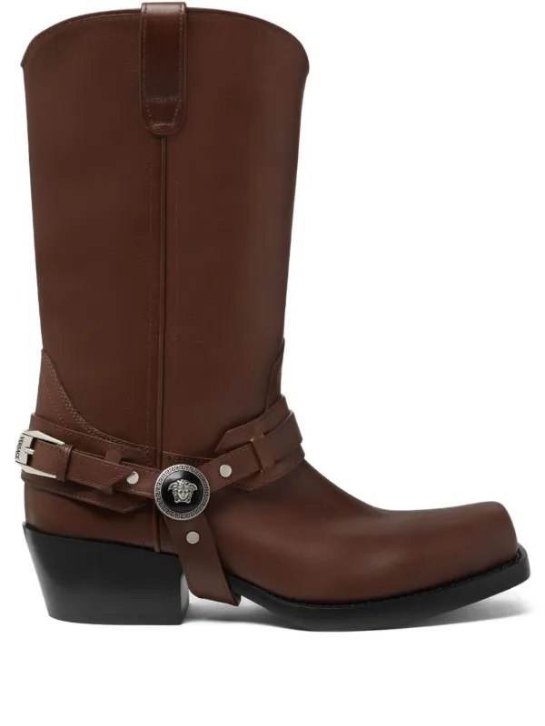 Versace Dana Leather Cowboy Boots in Brown