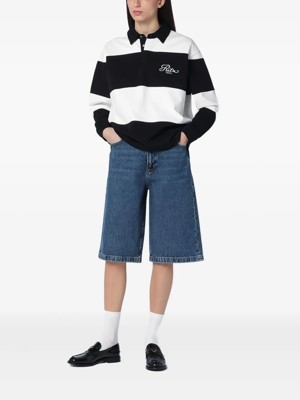 FRAME x Ritz Paris gestreepte rugby polotop Zwart