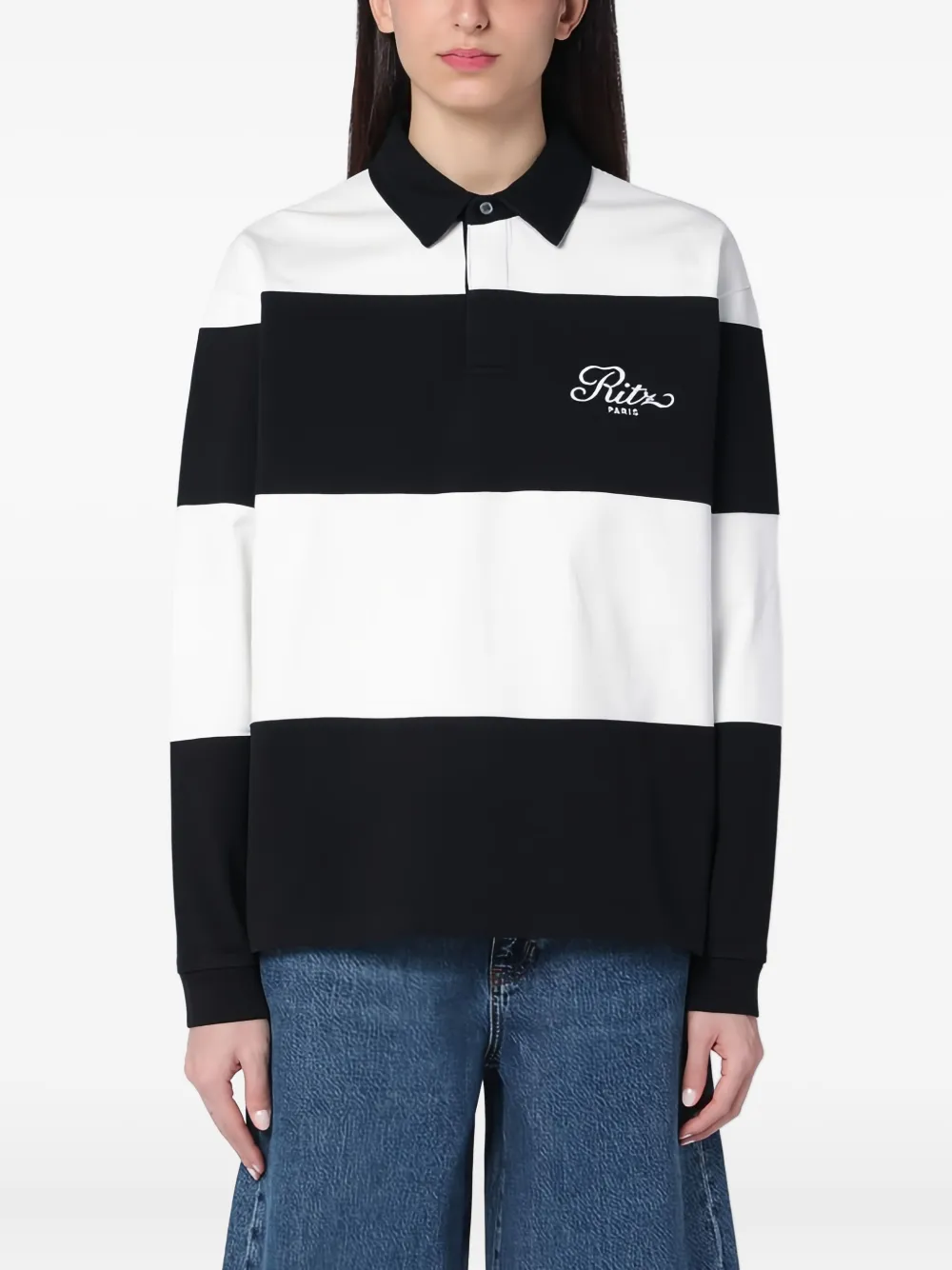 FRAME x Ritz Paris gestreepte rugby polotop Zwart