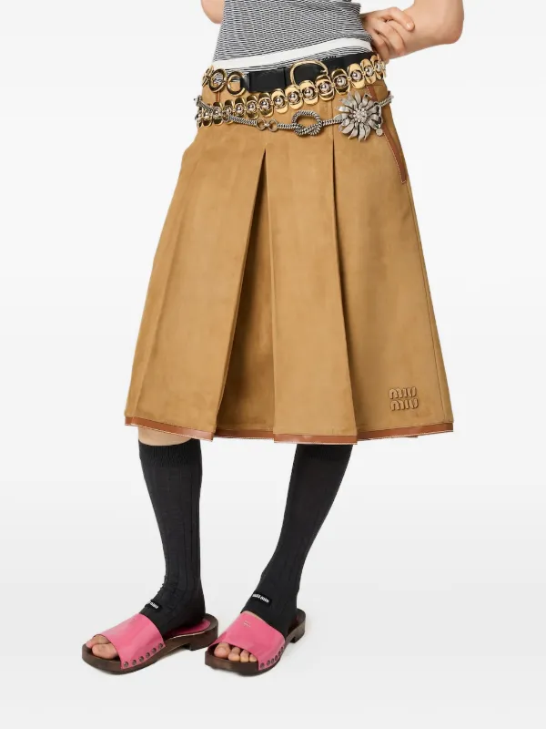 Miu Miu Pleated Suede Skirt | Brown | FARFETCH