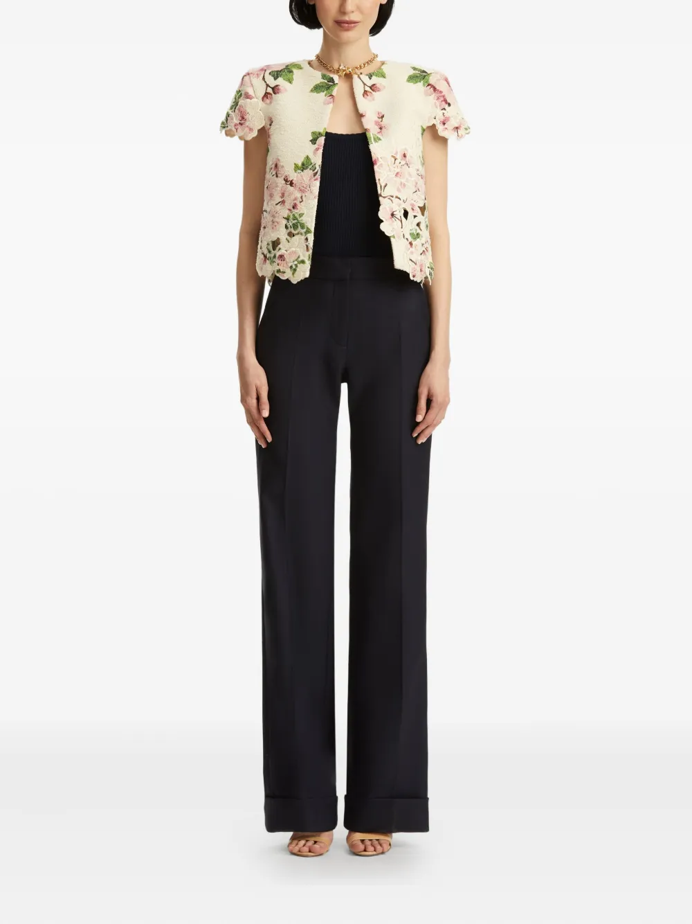 Oscar De La Renta Floral-embroidered Cropped Jacket In Neutral