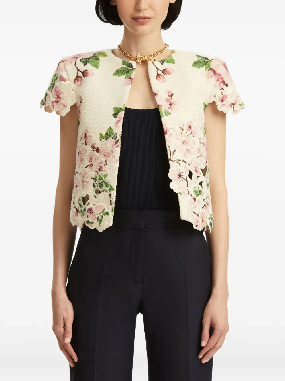Oscar De La Renta Floral-embroidered Cropped Jacket In Neutral