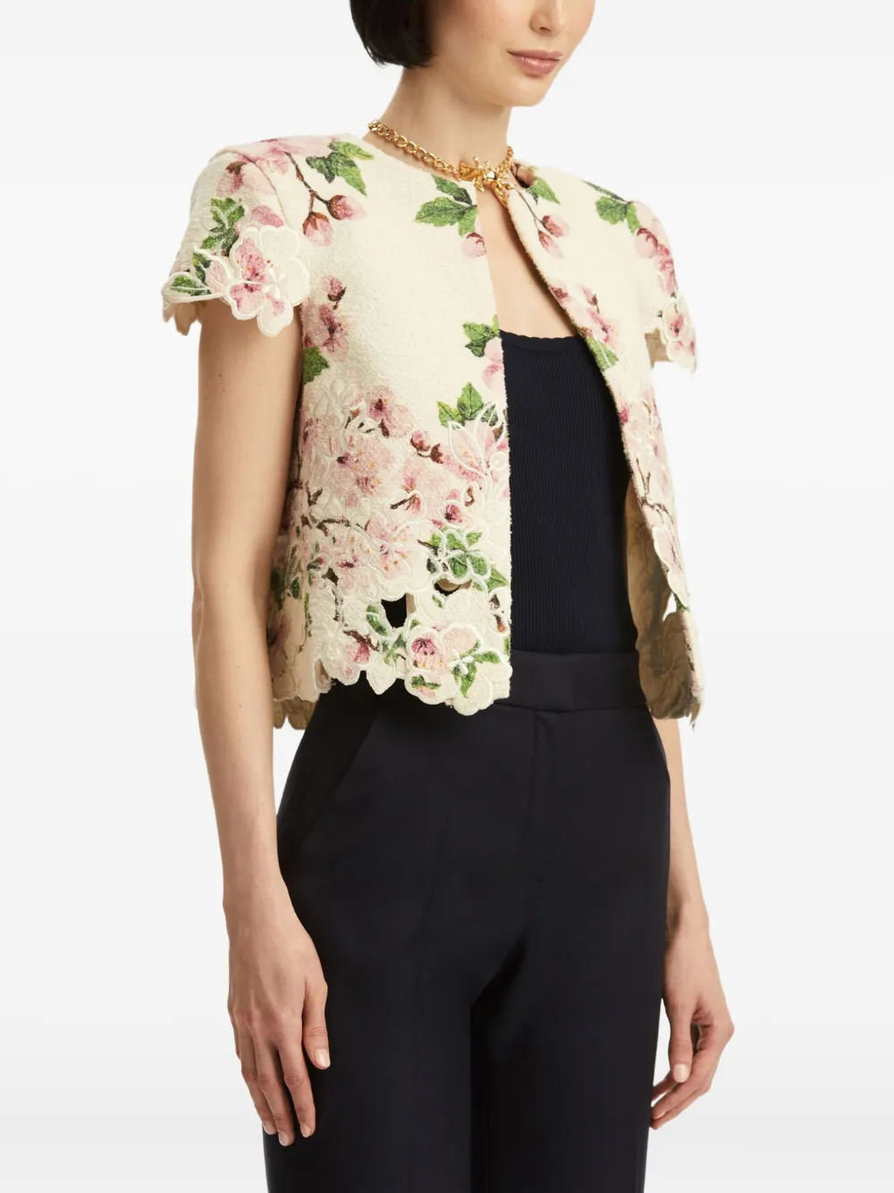 Oscar De La Renta Floral-embroidered Cropped Jacket In Neutral
