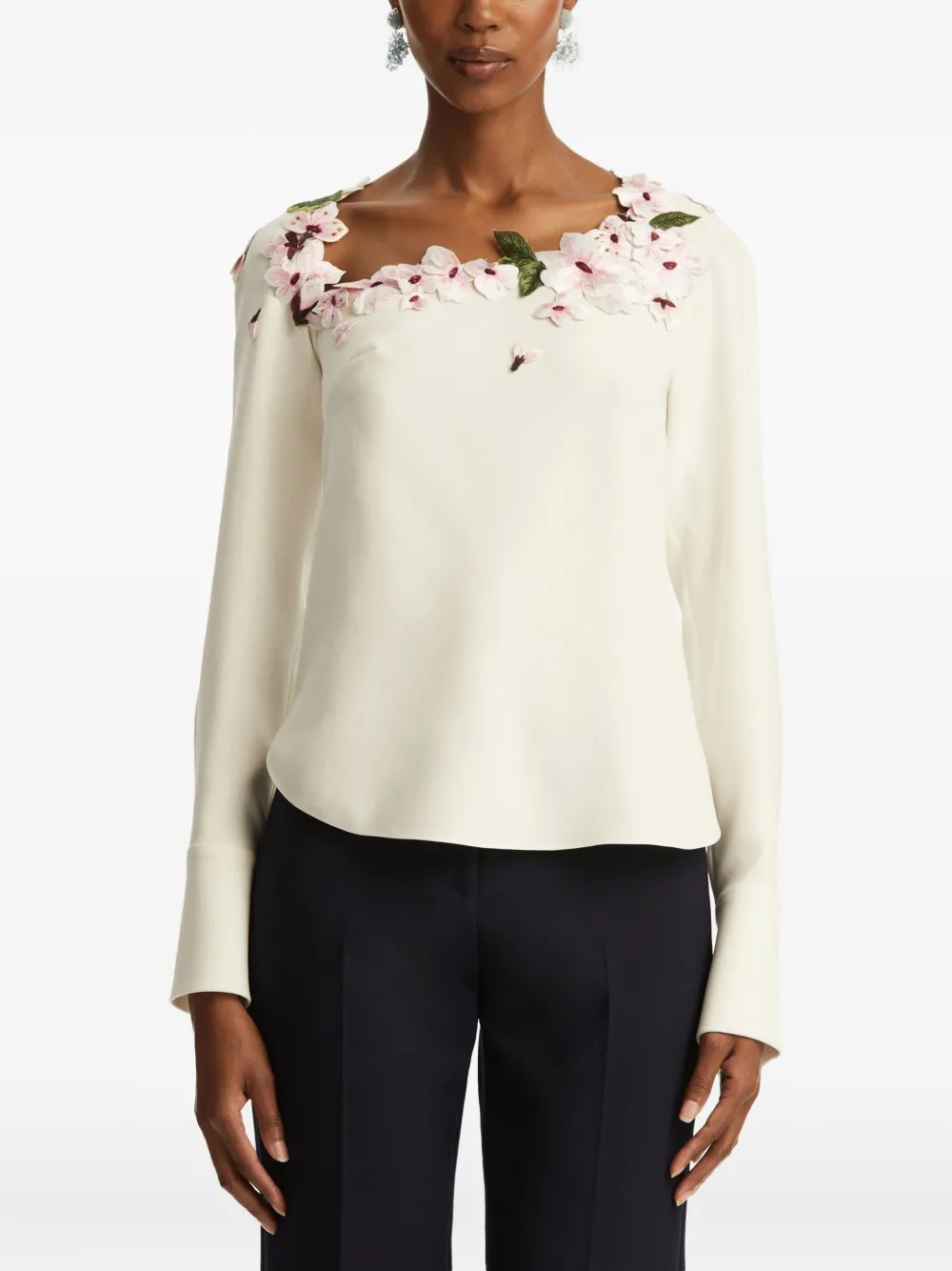 OSCAR DE LA RENTA FLORAL-EMBELLISHED LONG-SLEEVE BLOUSE