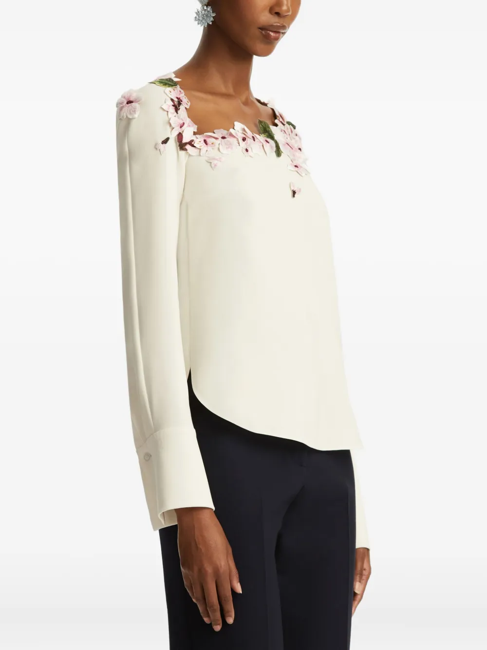 OSCAR DE LA RENTA FLORAL-EMBELLISHED LONG-SLEEVE BLOUSE