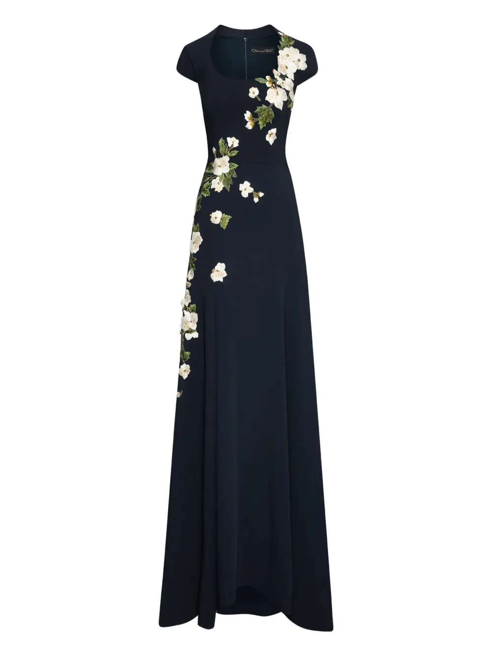 floral-embroidered evening dress