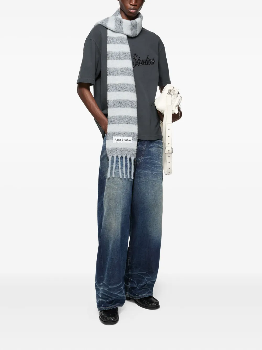 Acne Studios Stripe-pattern Fringed Scarf In Gray