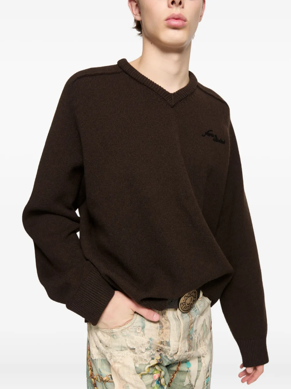 Acne Studios Trui met borduurwerk en V-hals Bruin