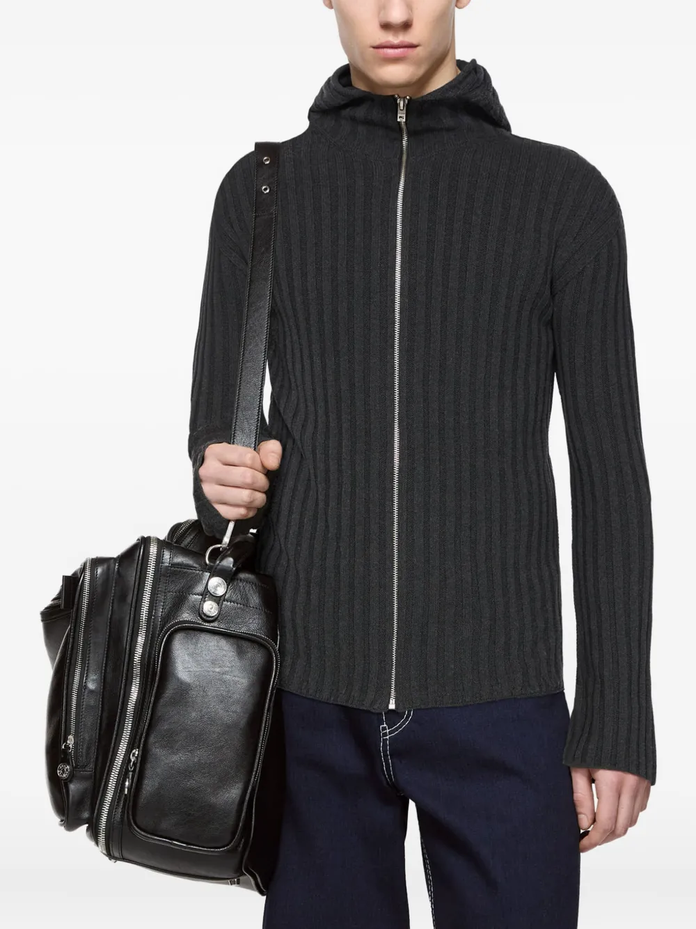 Acne Studios ribbed zip-up hooded cardigan Grijs