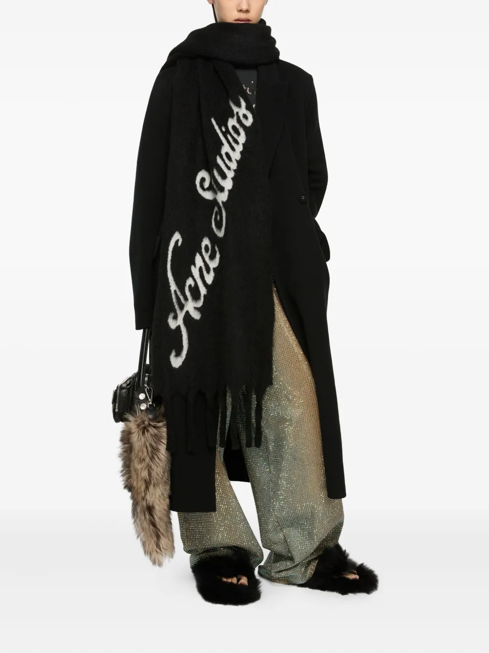 Acne Studios Logo-detail Fringe Scarf In Black