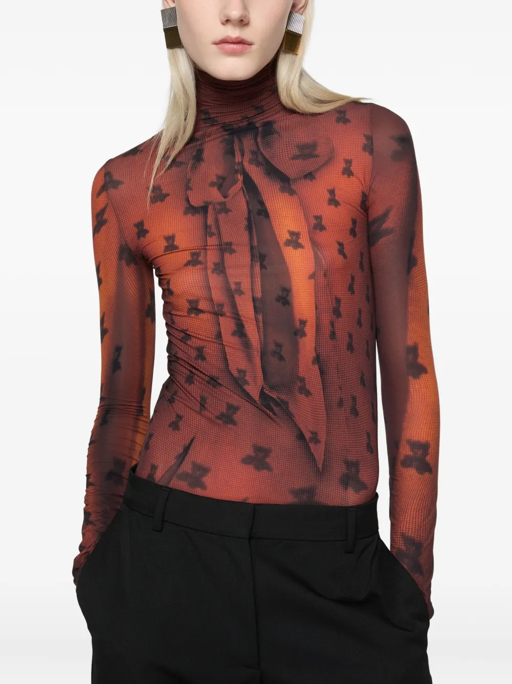 Acne Studios Edenise Teddy Print Long Sleeve Mesh Top In Brown