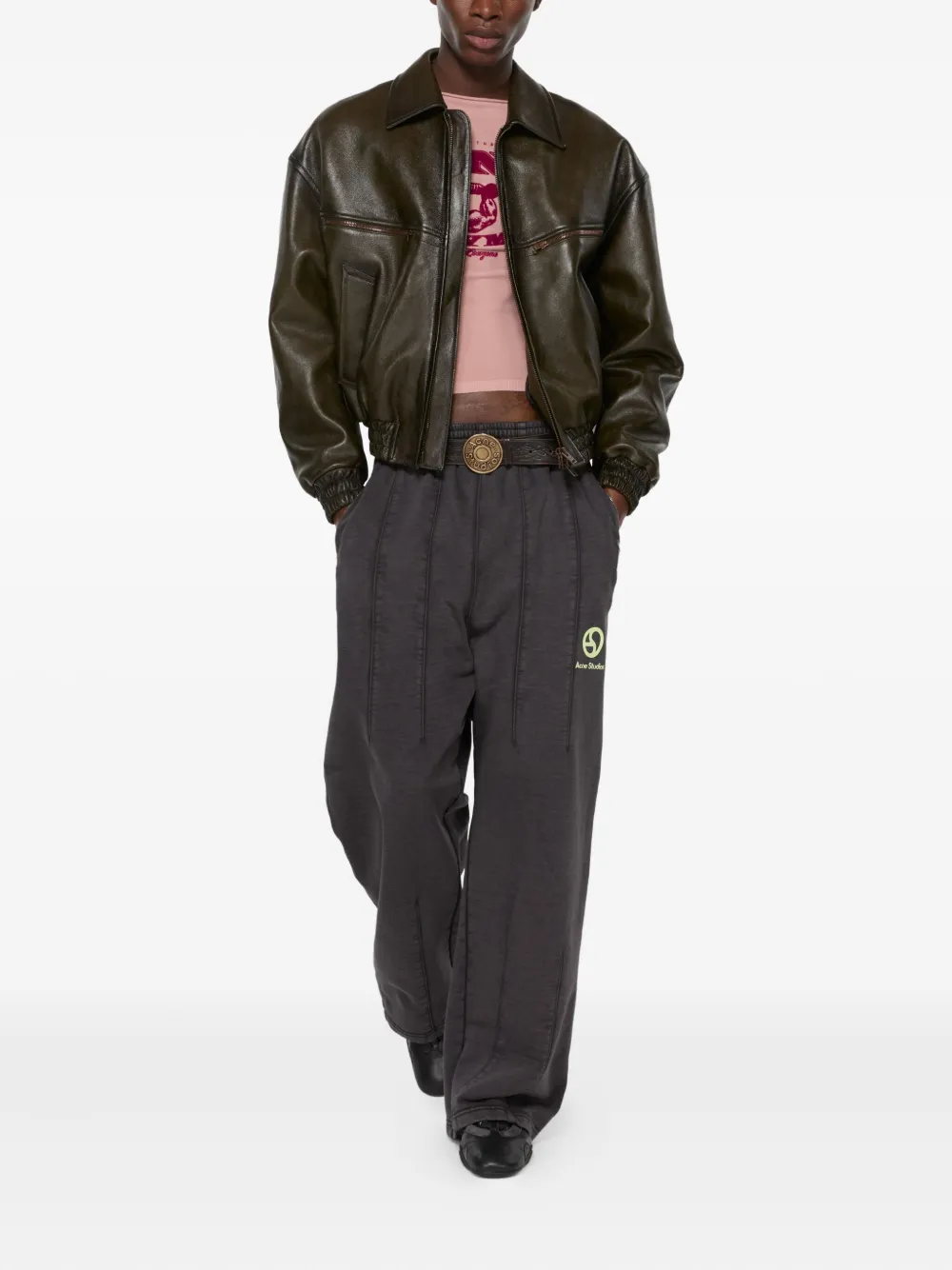 Acne Studios Leather Zip-up Bomber Jacket In Green