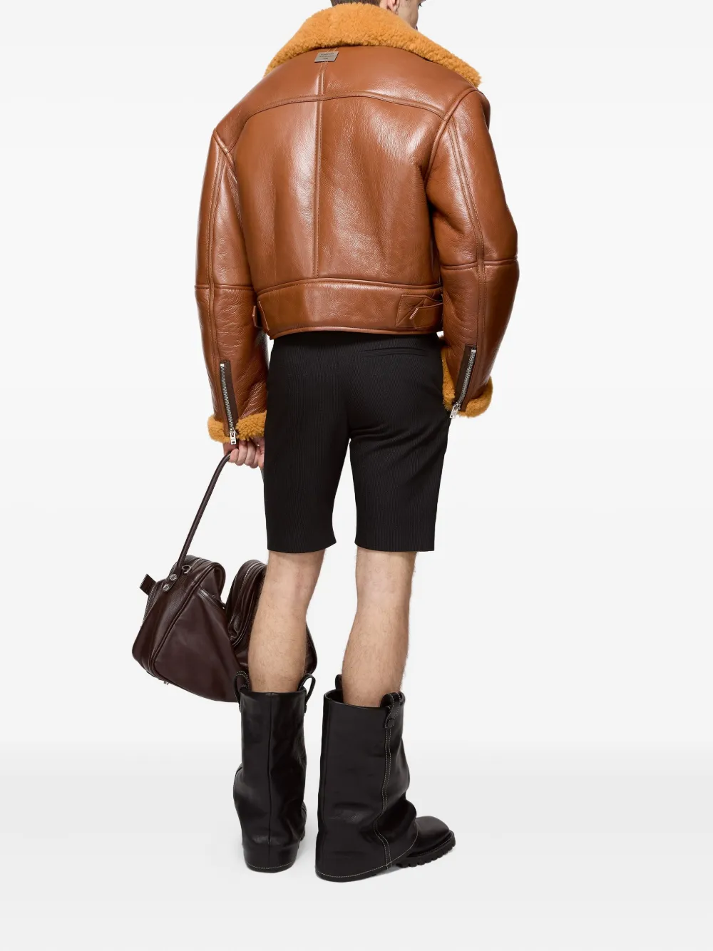 Acne Studios Mens Rust Brown Contrast-collar Leather Shearling Biker Jacket In Brown