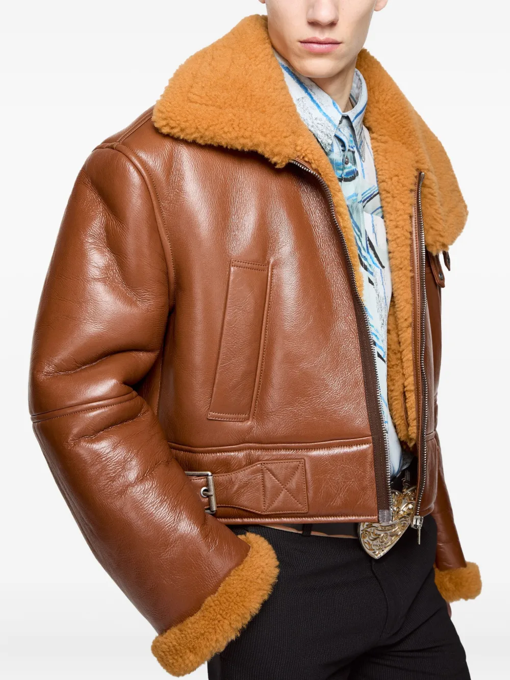 Acne Studios Mens Rust Brown Contrast-collar Leather Shearling Biker Jacket In Brown